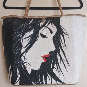 MALAYSIAN Traditional Sarawak Palm Straw Tote-HANDMADE! READ!-Blk/Wht/Red